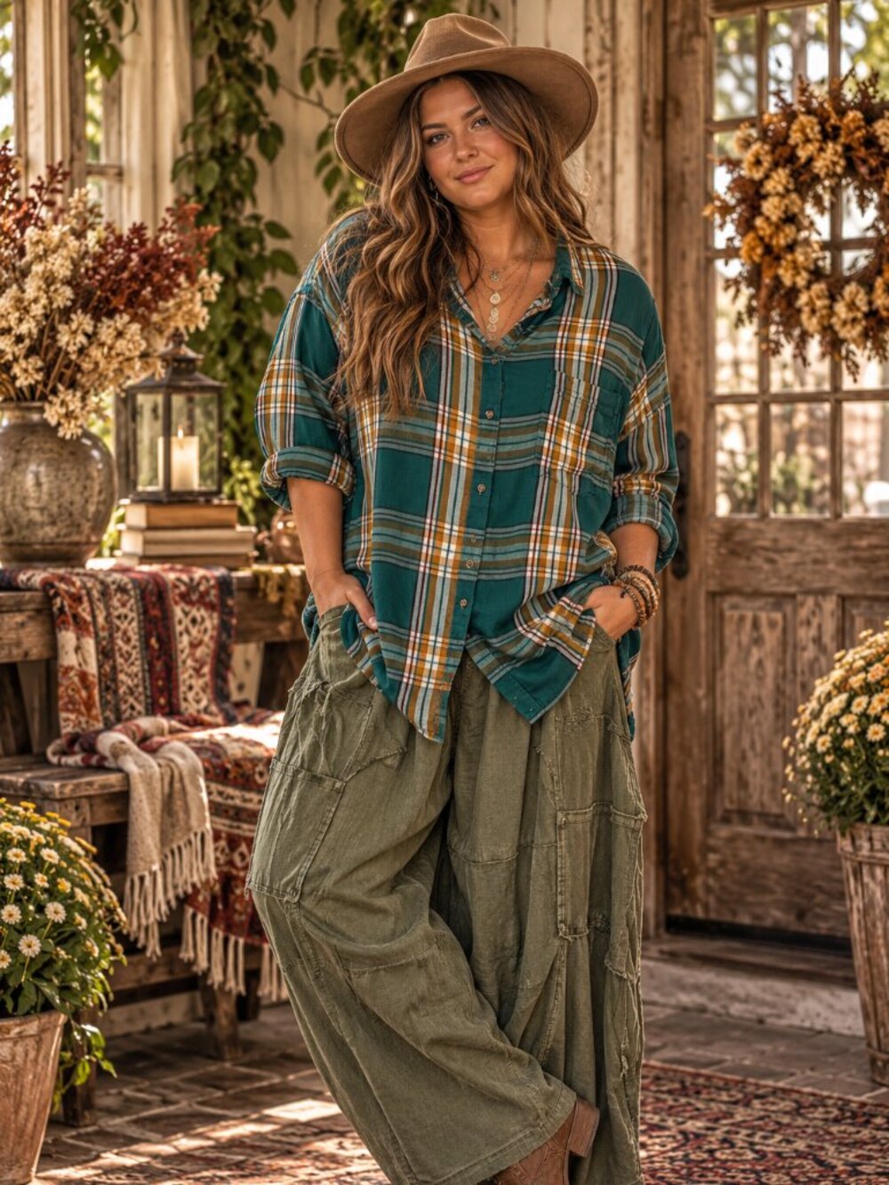 Teal Plaid Button Front Flannel Shirt